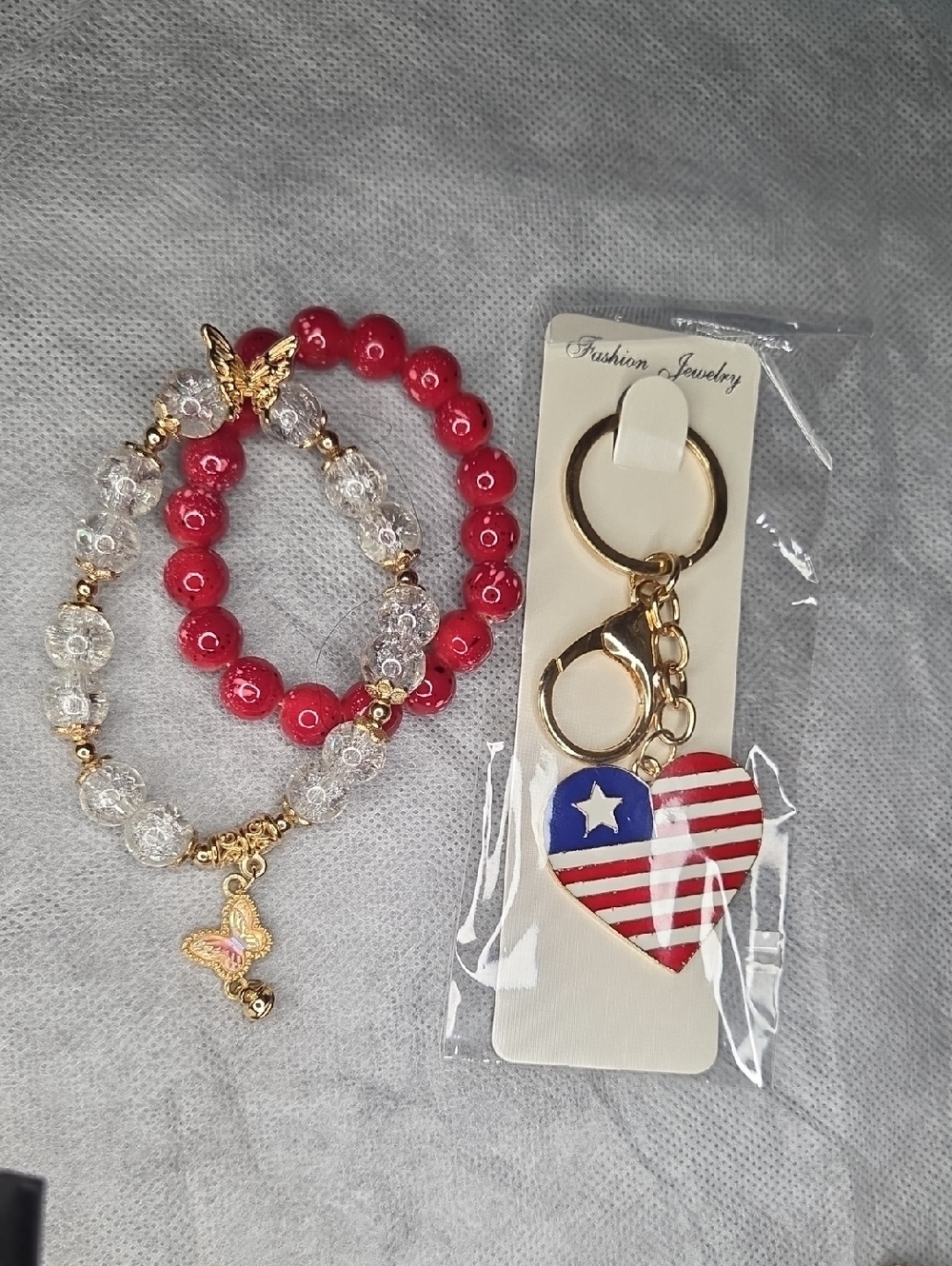 Red and Clear Beaded Bracelet Set + USA Heart Keychain